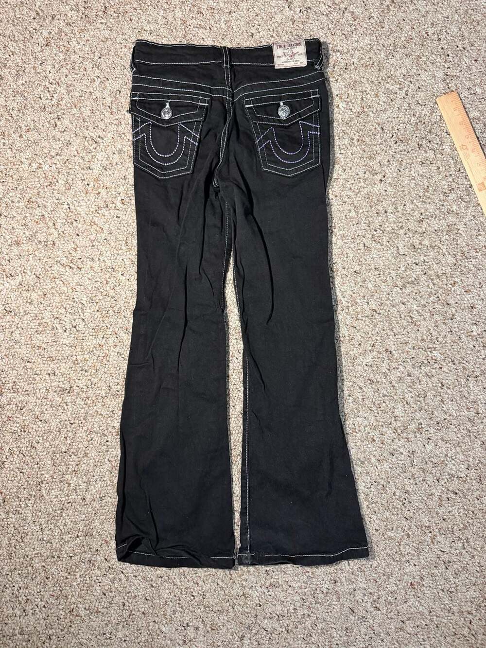 True Religion Girls Black Flare Jeans with Purple Stitching Size S (7/8)